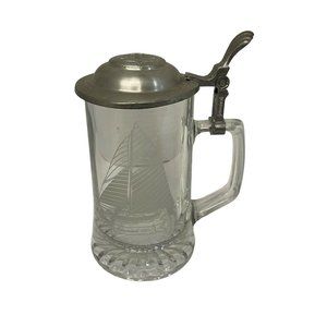 ALWE Glass Beer Stein Pewter Lid Ship Columbia Old Spice Vintage 1901 3" X‎ 5.75